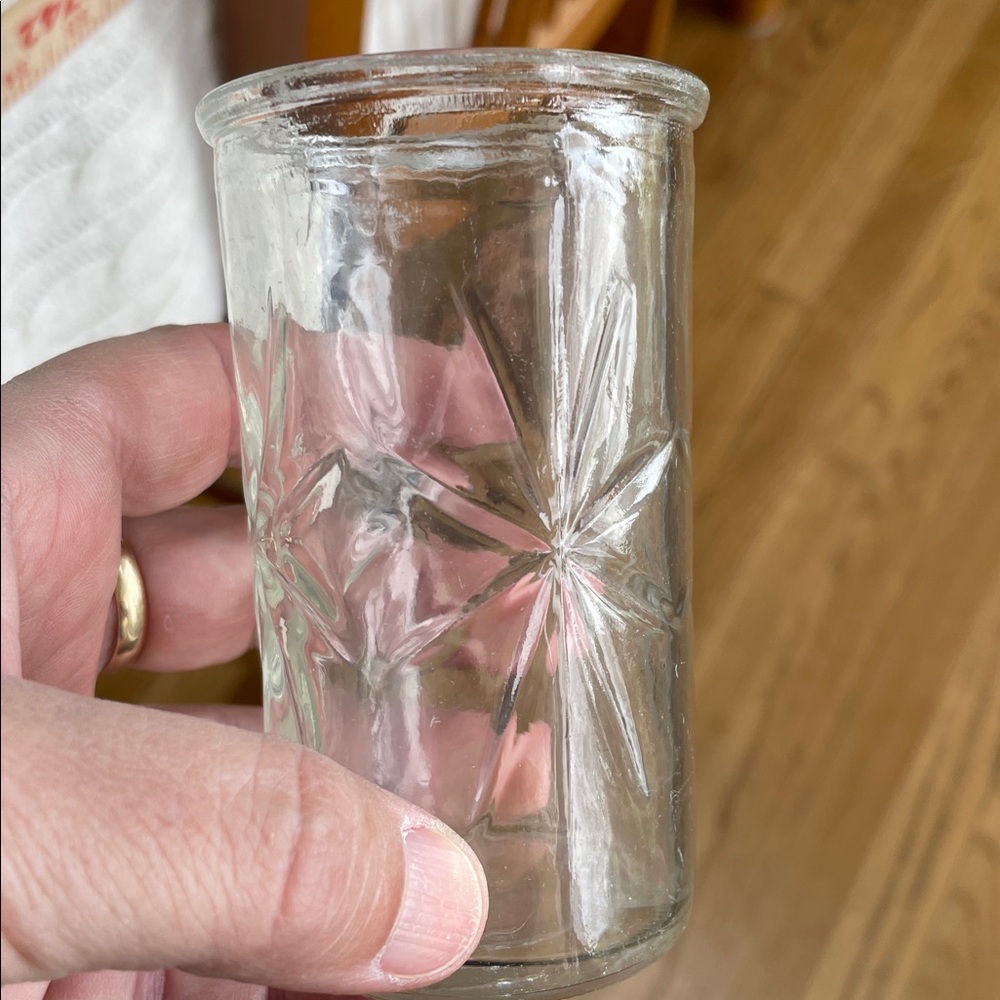 2 Vtg Anchor Hocking jelly jar/swanky swig juice atomic starburst